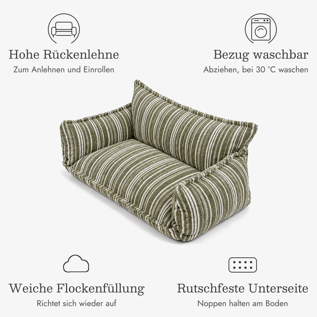 Hundesofa Gestreift: hohe Rückenlehne, Bezug waschbar bei 30 °C, weiche Flockenfüllung, rutschfeste Unterseite