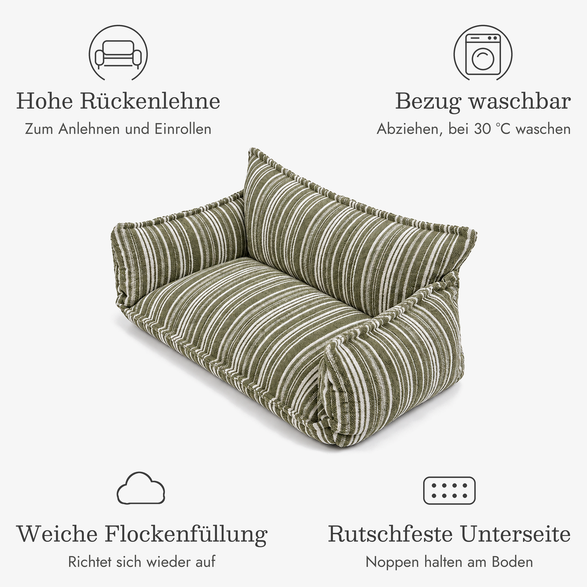 Hundesofa Gestreift: hohe Rückenlehne, Bezug waschbar bei 30 °C, weiche Flockenfüllung, rutschfeste Unterseite