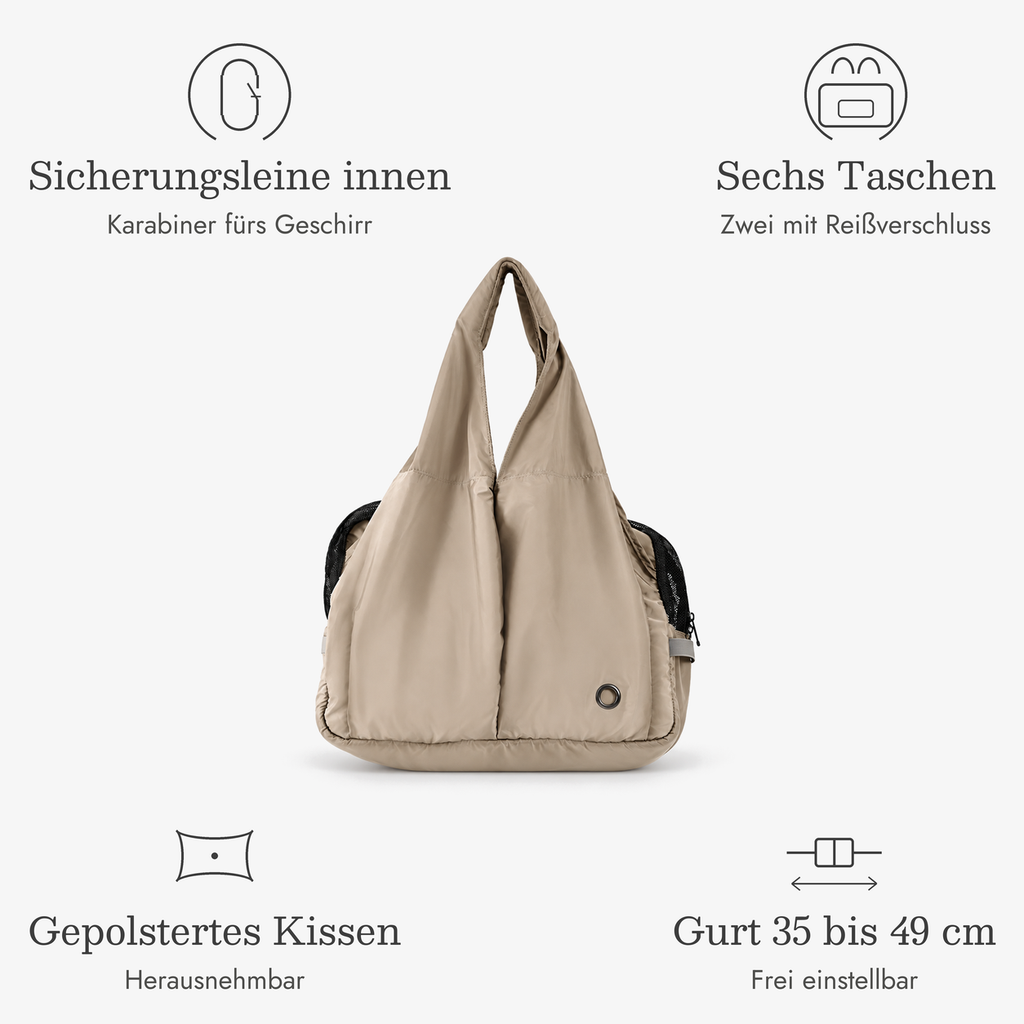Hundetasche für kleine Hunde: Sicherungsleine innen, sechs Taschen, gepolstertes Kissen, Gurt 35 bis 49 cm