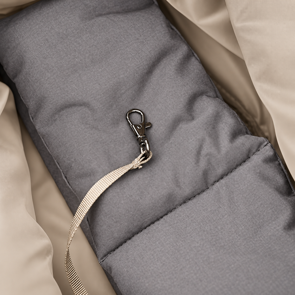 Hundetasche Detail Sicherungsleine mit Karabiner