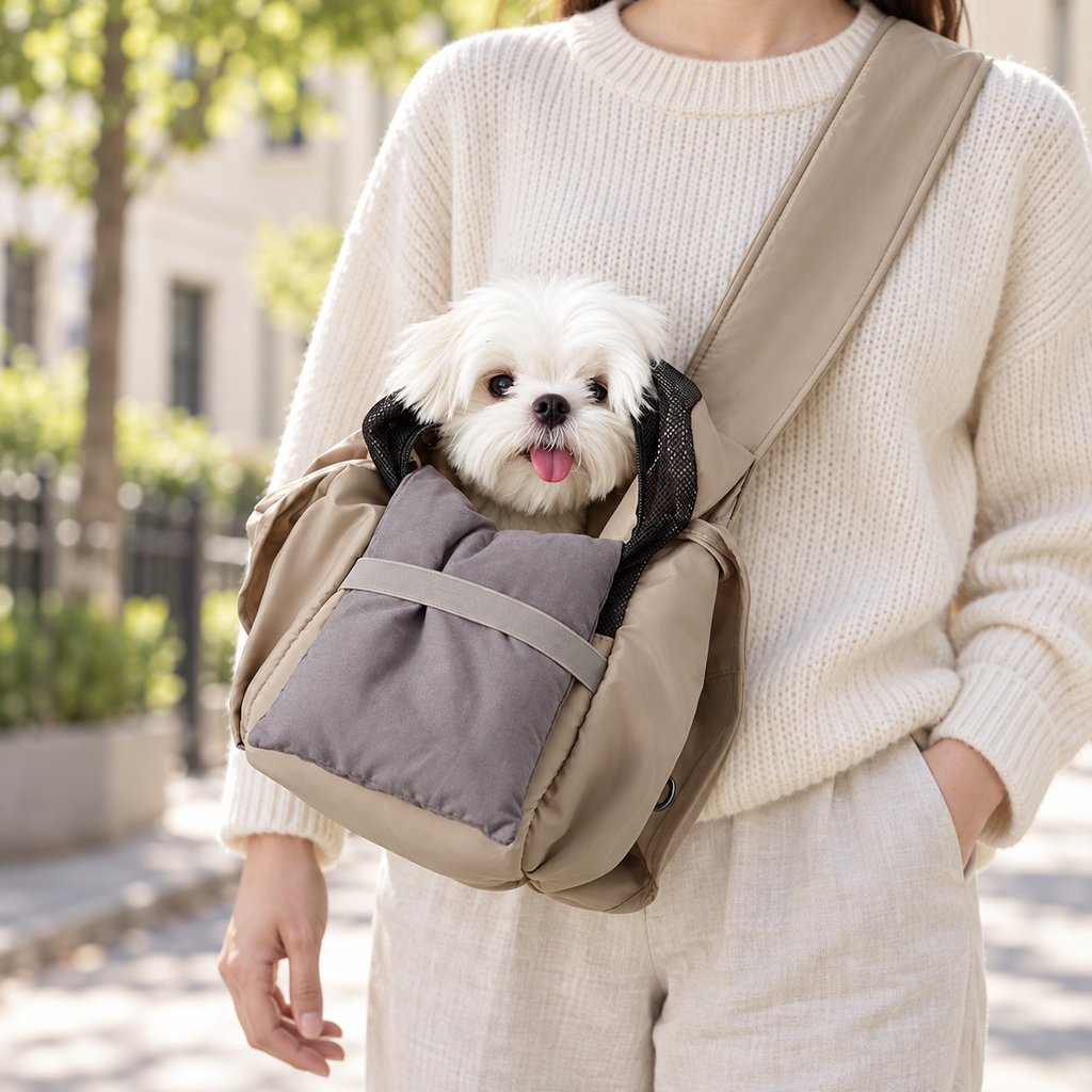 Malteser in der Hundetasche, vor dem Bauch getragen