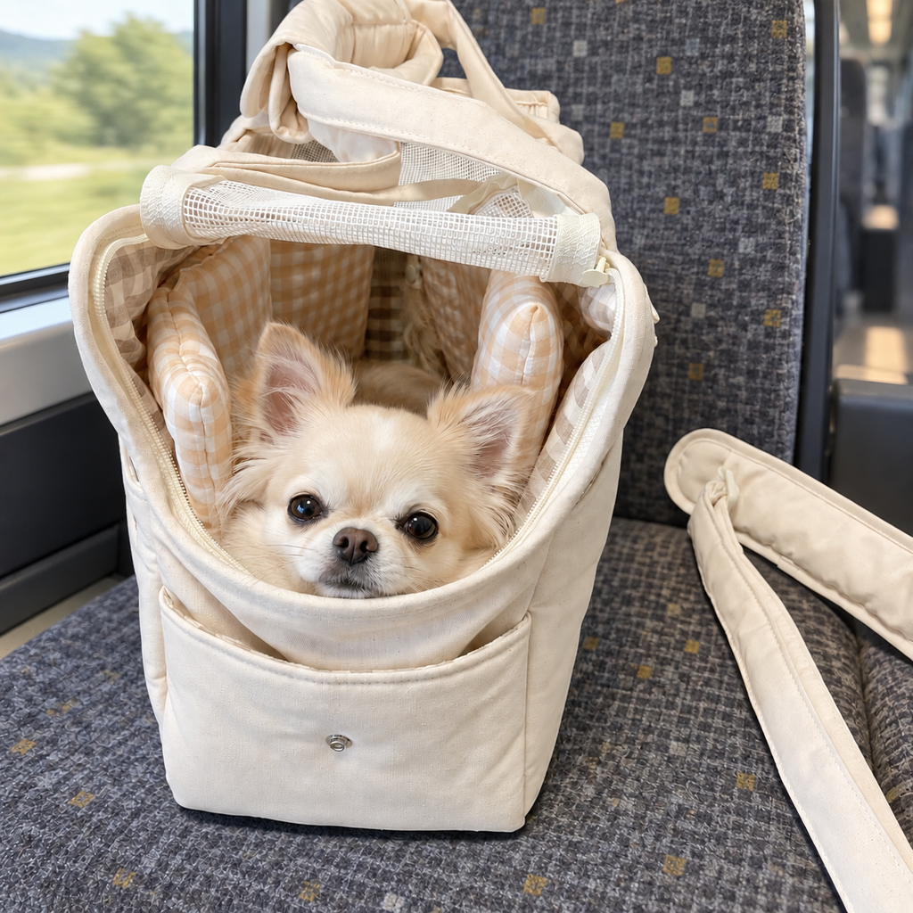 Chihuahua in der beigen Hundetragetasche auf einem Sitz in der Bahn, Schultergurt daneben