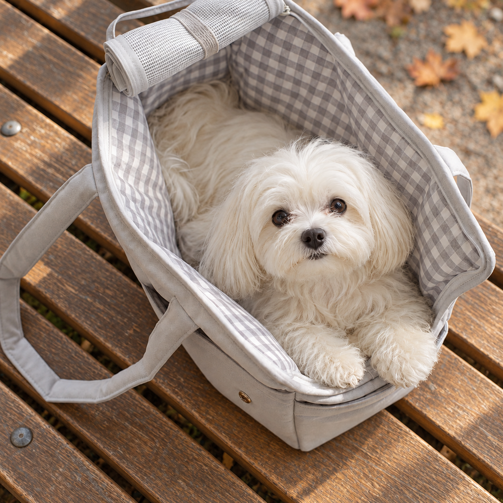 Malteser liegt in der grauen Hundetragetasche mit kariertem Innenfutter, von oben