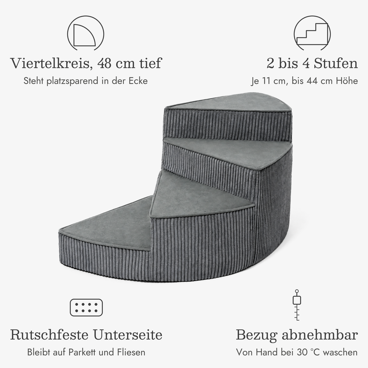 Hundetreppe Cord: Viertelkreis 48 cm tief, 2 bis 4 Stufen bis 44 cm, rutschfeste Unterseite, Bezug abnehmbar