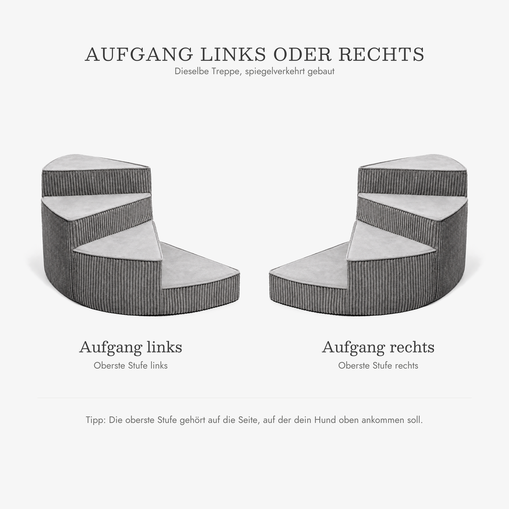 Hundetreppe Cord – Aufgang links oder rechts, dieselbe Treppe spiegelverkehrt