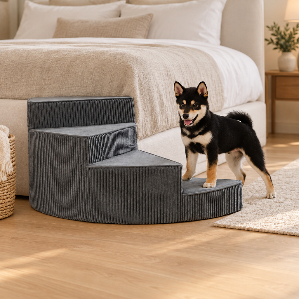 Shiba Inu steht mit den Vorderpfoten auf der Hundetreppe Cord in Anthrazit am Bett