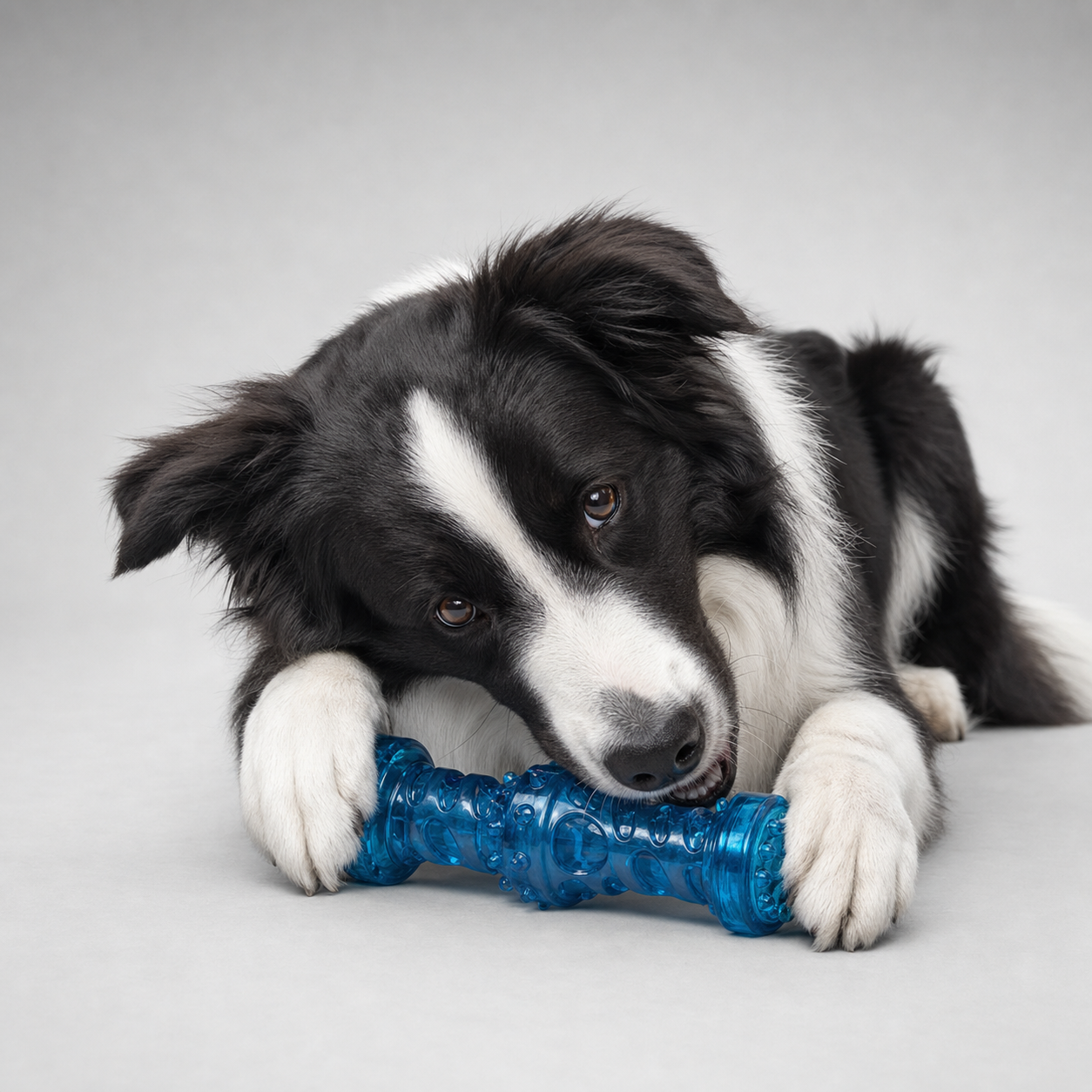 Border Collie kaut auf dem Kauspielzeug Knochen