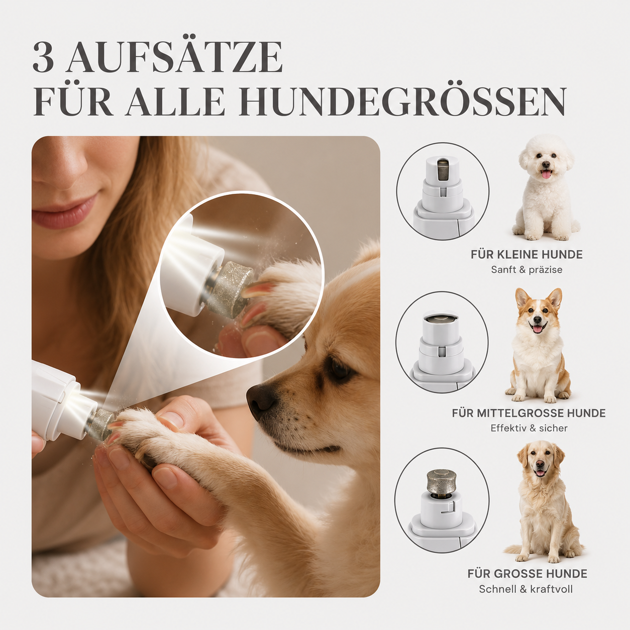 Krallenschleifer wird an Pfote eines Corgis angesetzt, daneben 3 Schleifaufsätze für kleine, mittelgroße und große Hunde