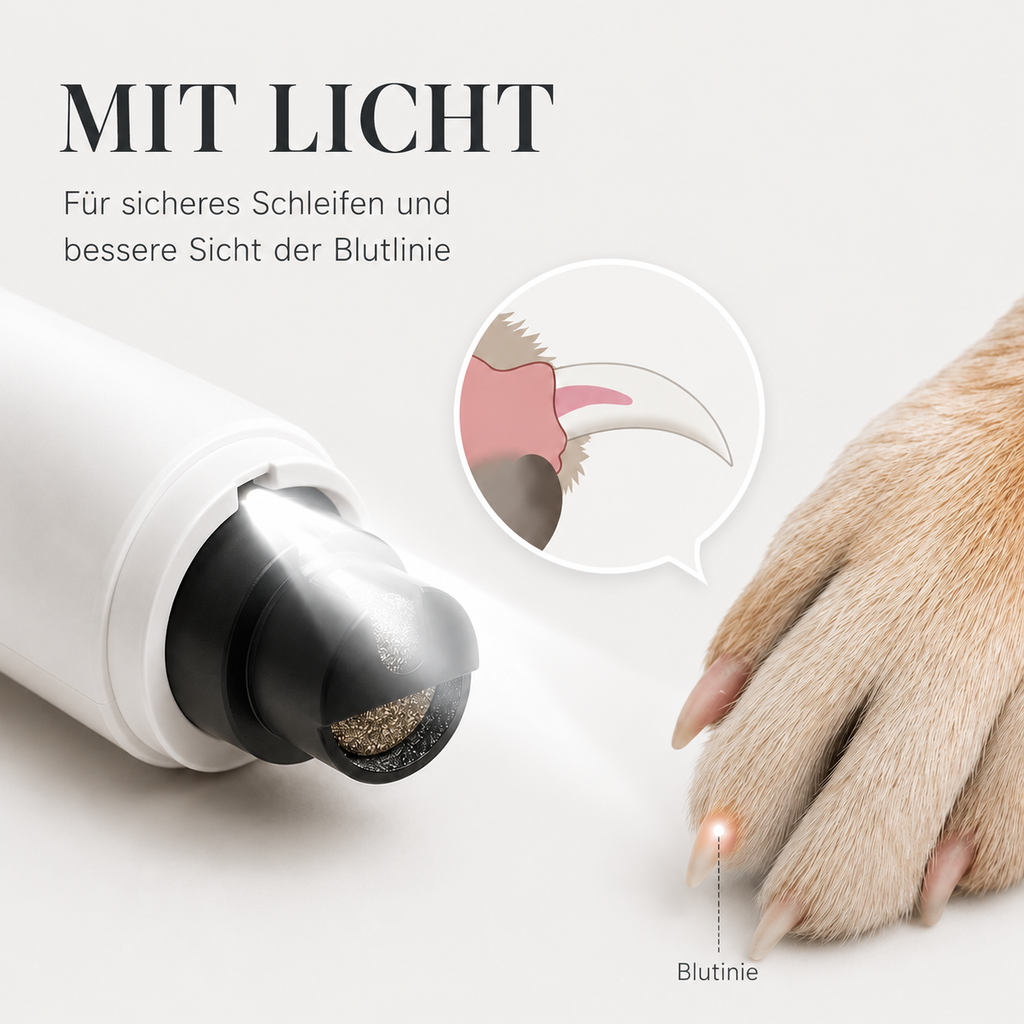 Elektrischer Krallenschleifer mit LED-Licht, Illustration zeigt die Blutlinie in der Hundekralle