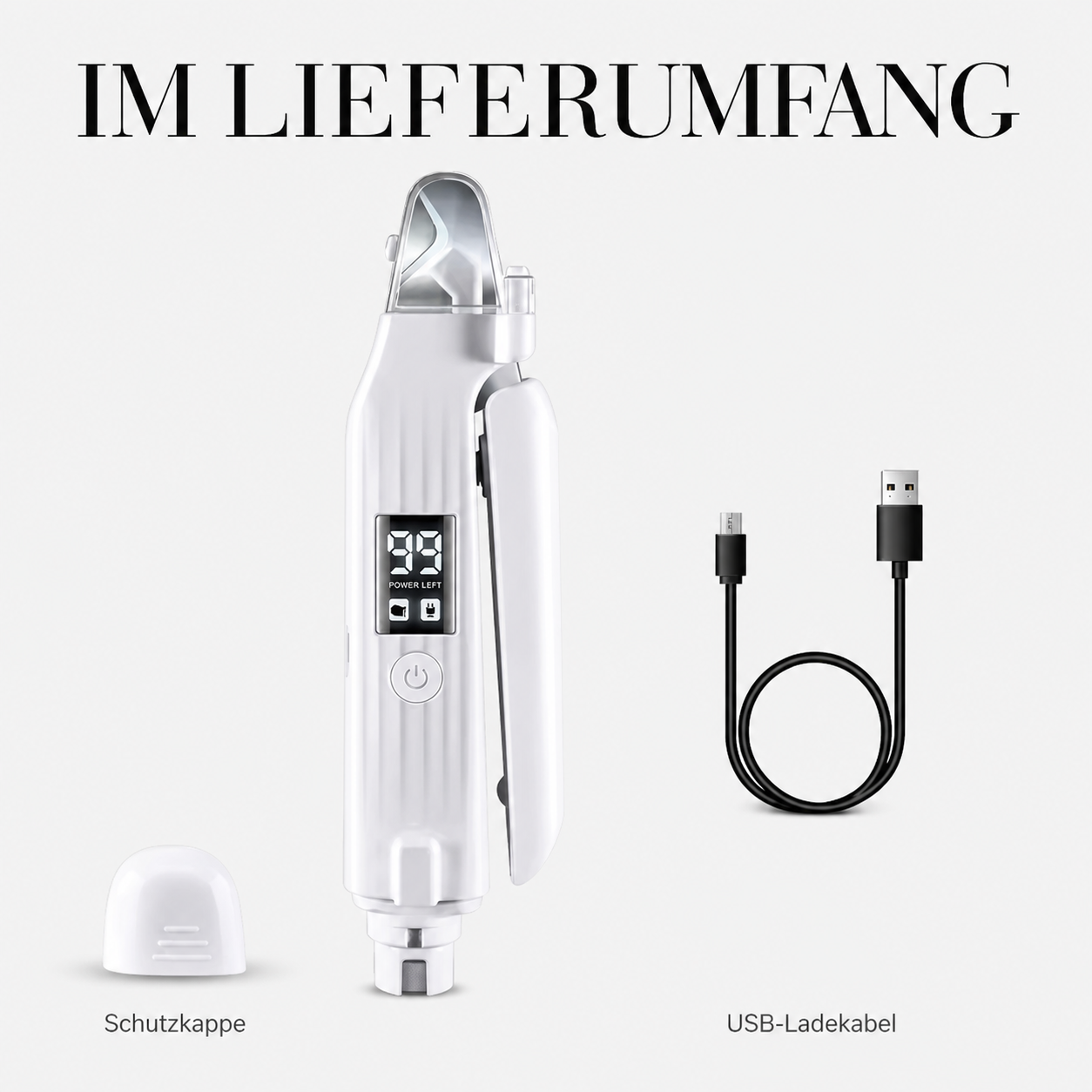 Krallenschneider mit Schleifer – Lieferumfang mit Schutzkappe und USB-Ladekabel