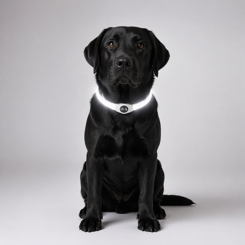 Hund mit leuchtendem weißen Halsband bei Dunkelheit