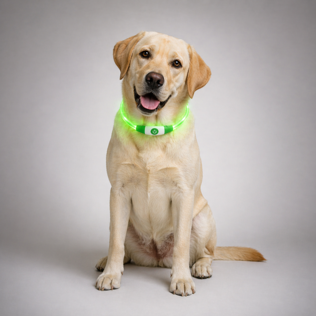 Hund mit leuchtendem grünen LED Hundehalsband