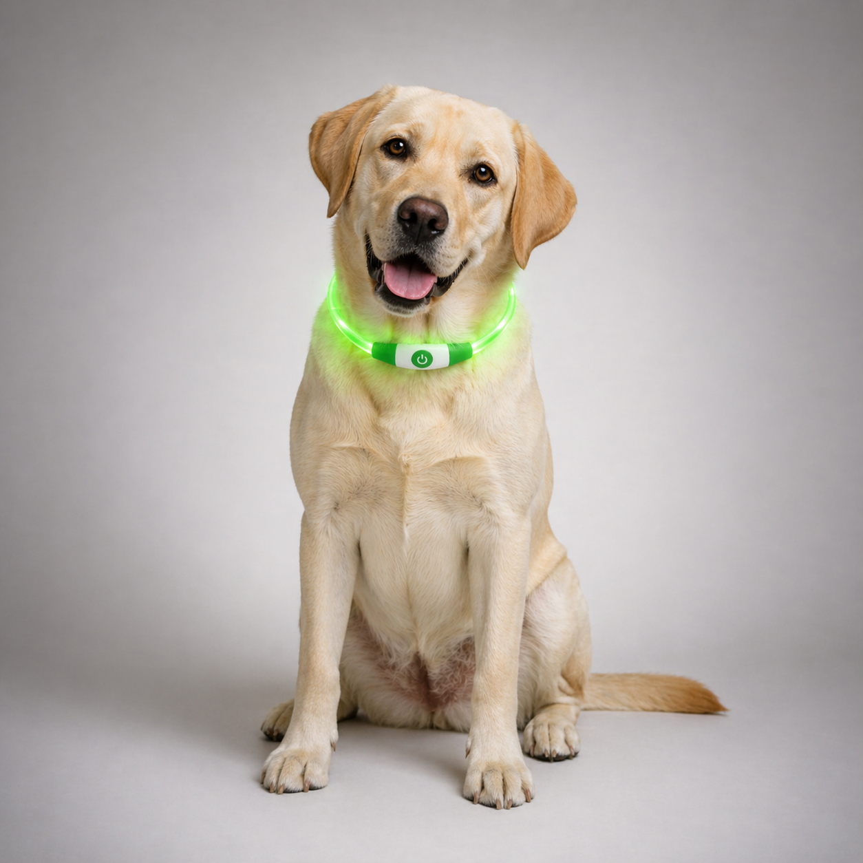 Hund mit leuchtendem grünen LED Hundehalsband