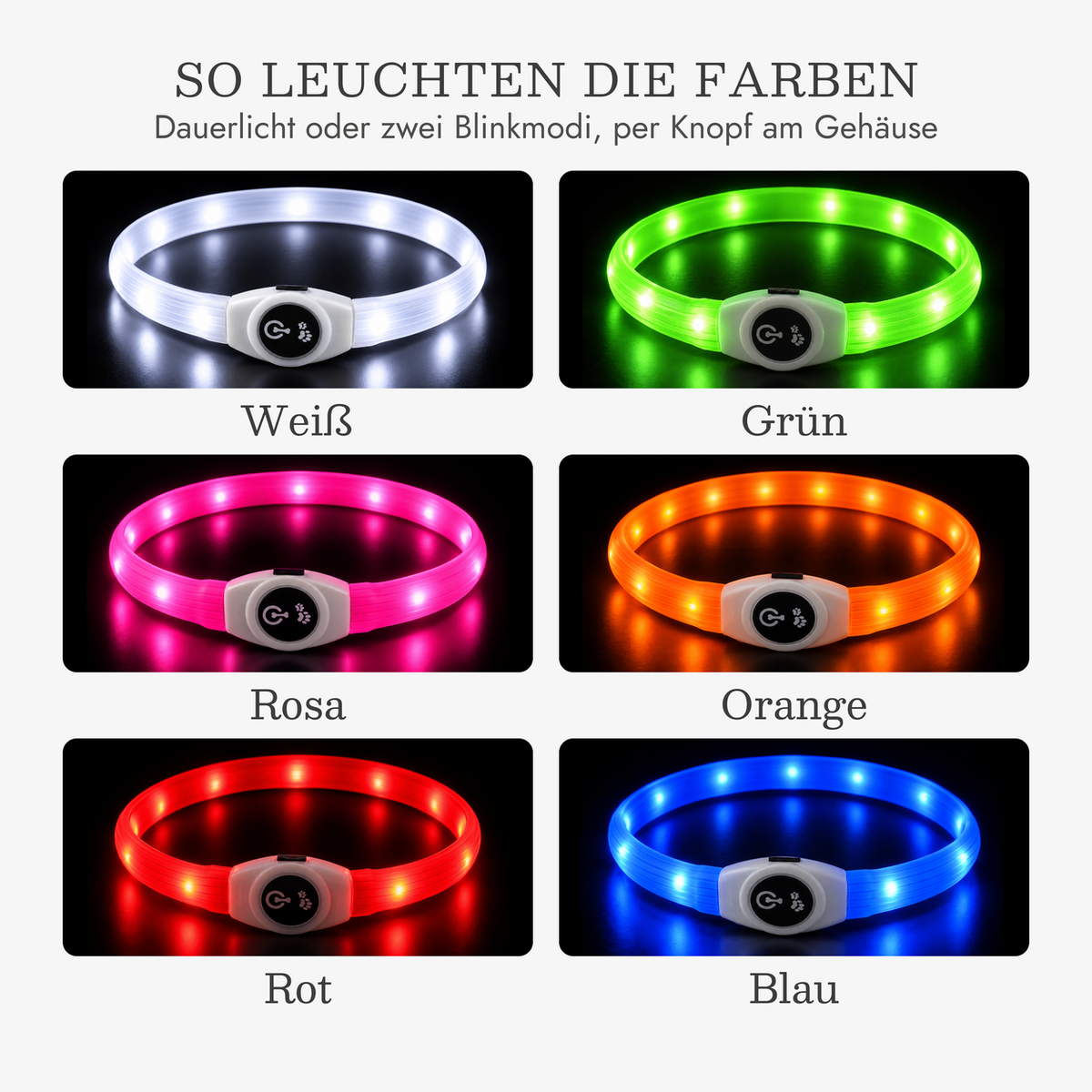 So leuchten die Farben: Leuchthalsband für Hunde eingeschaltet in Weiß, Grün, Rosa, Orange, Rot und Blau