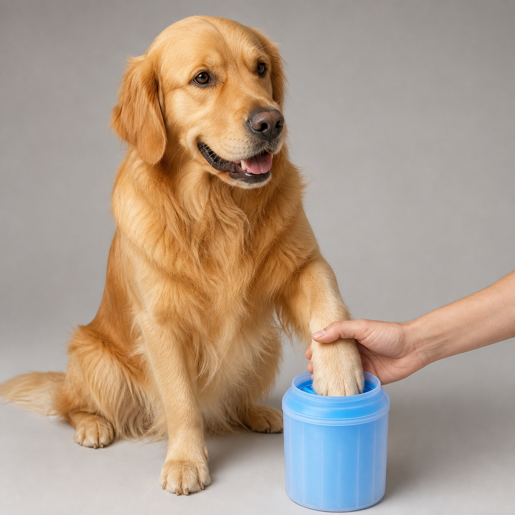 Pfote eines Golden Retrievers wird im Pfotenreiniger gereinigt