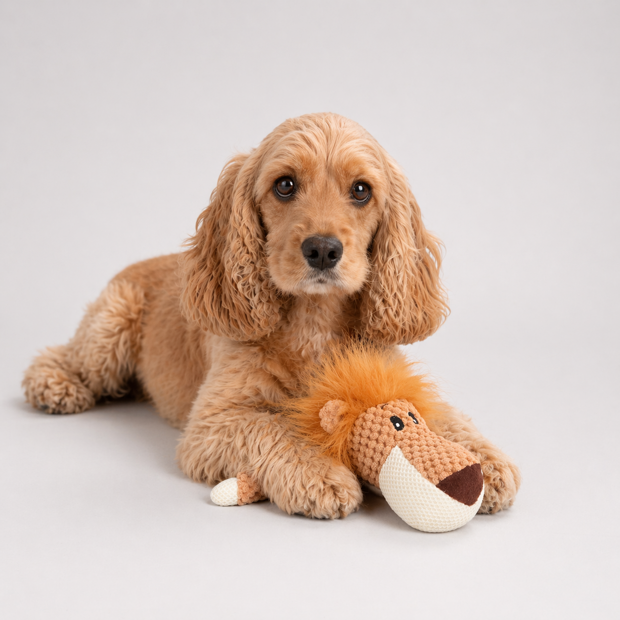 Hund spielt mit dem Kuscheltier
