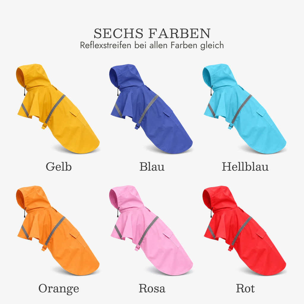 Regenmantel Hund in sechs Farben: Gelb, Blau, Hellblau, Orange, Rosa, Rot