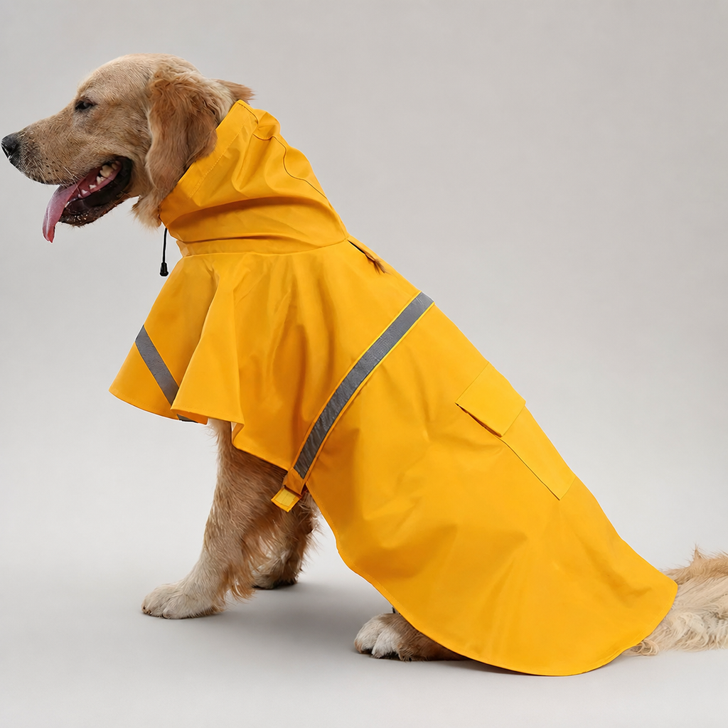 Golden Retriever sitzt im Regenmantel mit hochgezogener Kapuze