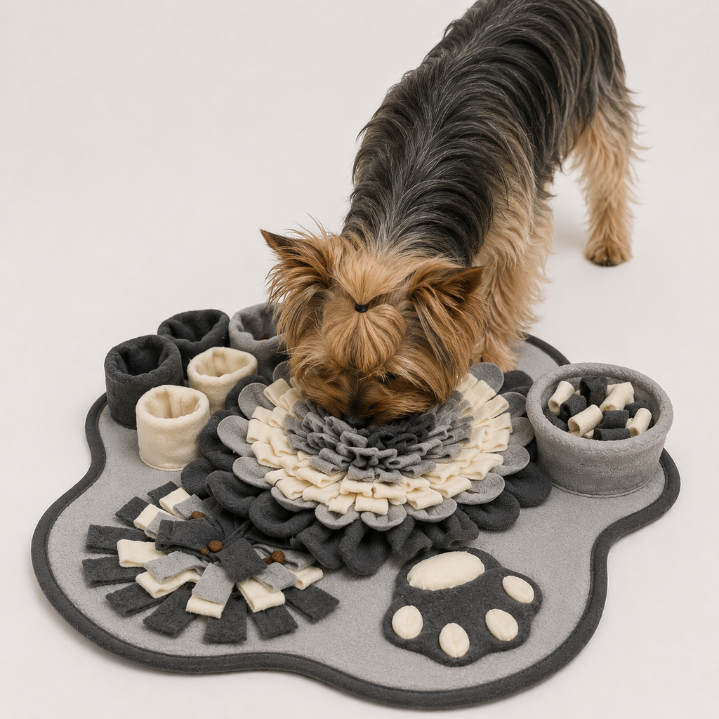 Hund konzentriert beim Schnüffeln auf dem Schnüffelteppich in Pfoten-Form