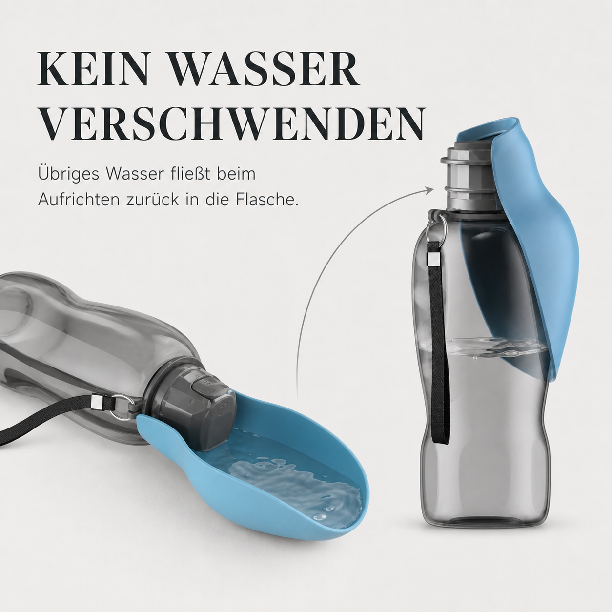 Trinkflasche 800 ml, aus der übriges Wasser zurück in die Flasche fließt