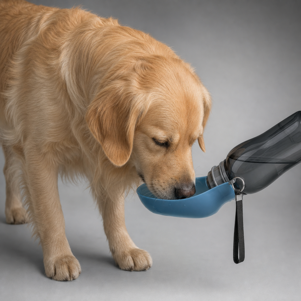 Golden Retriever trinkt aus der Trinkschale der Trinkflasche