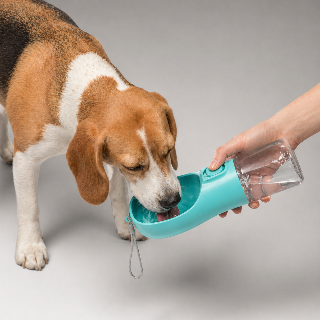 Hund trinkt aus der Trinkflasche unterwegs