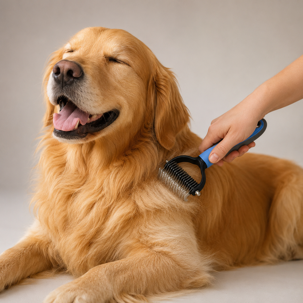 Hund wird mit der Unterfellbürste gebürstet